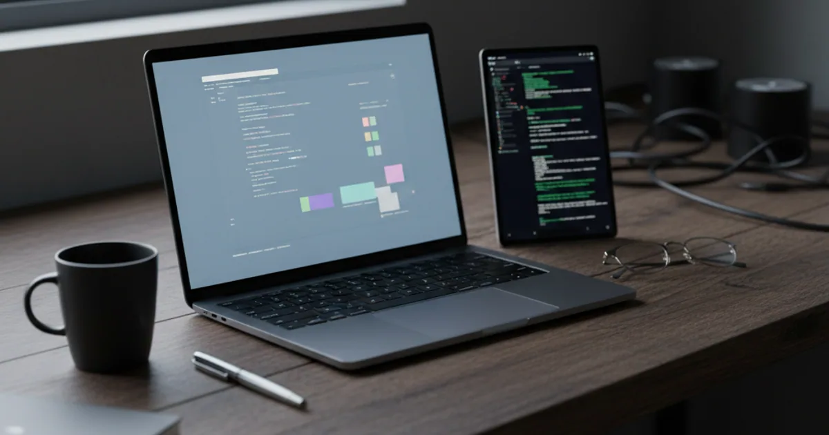 A dark workbench with a laptop showing a code editor and a small terminal alongside it