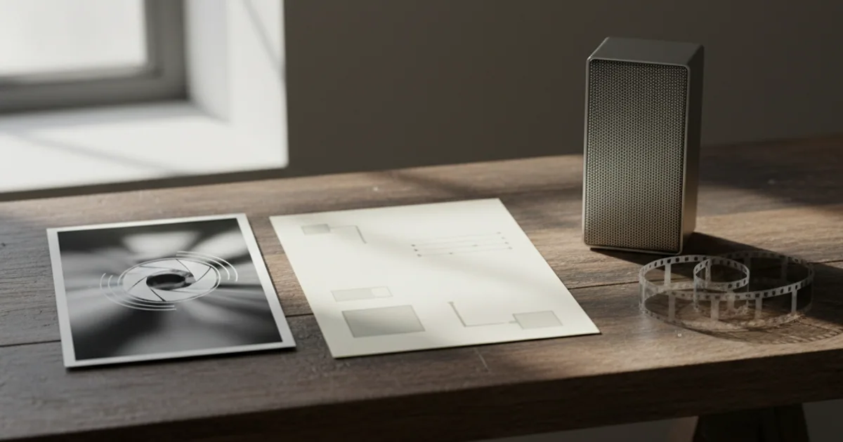 A dark workbench with a small speaker, a microphone, and a strip of film laid out, with a soft glow under a desk lamp