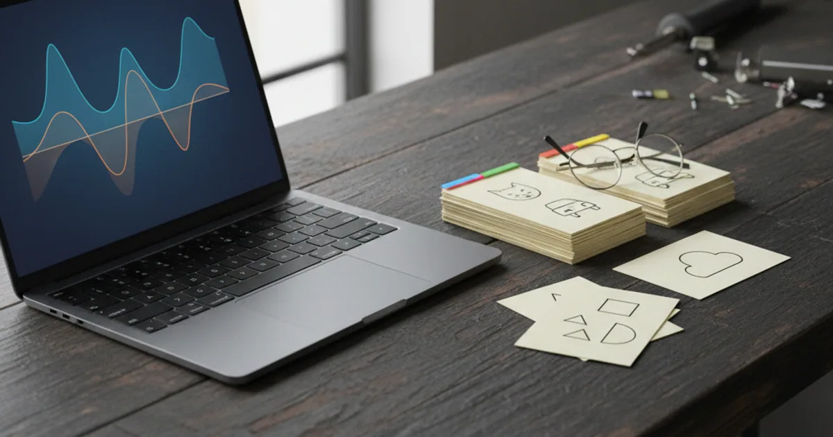 A dark workbench with a small stack of pristine example cards beside a large pile of crossed-out messy ones