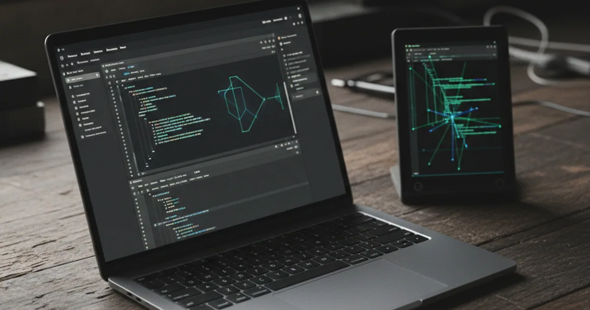 A dark workbench with a terminal window on the left and a code editor window on the right, both glowing softly