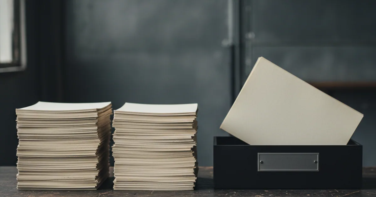A dark workbench with a long scroll of paper, only the ends marked with bright tags