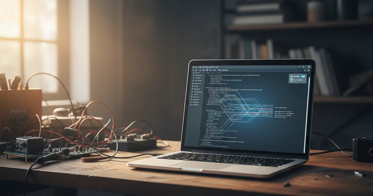 A dark workbench with a laptop showing a terminal where an agent is mid-task, with a sketched diagram of a learning loop on a notebook beside it