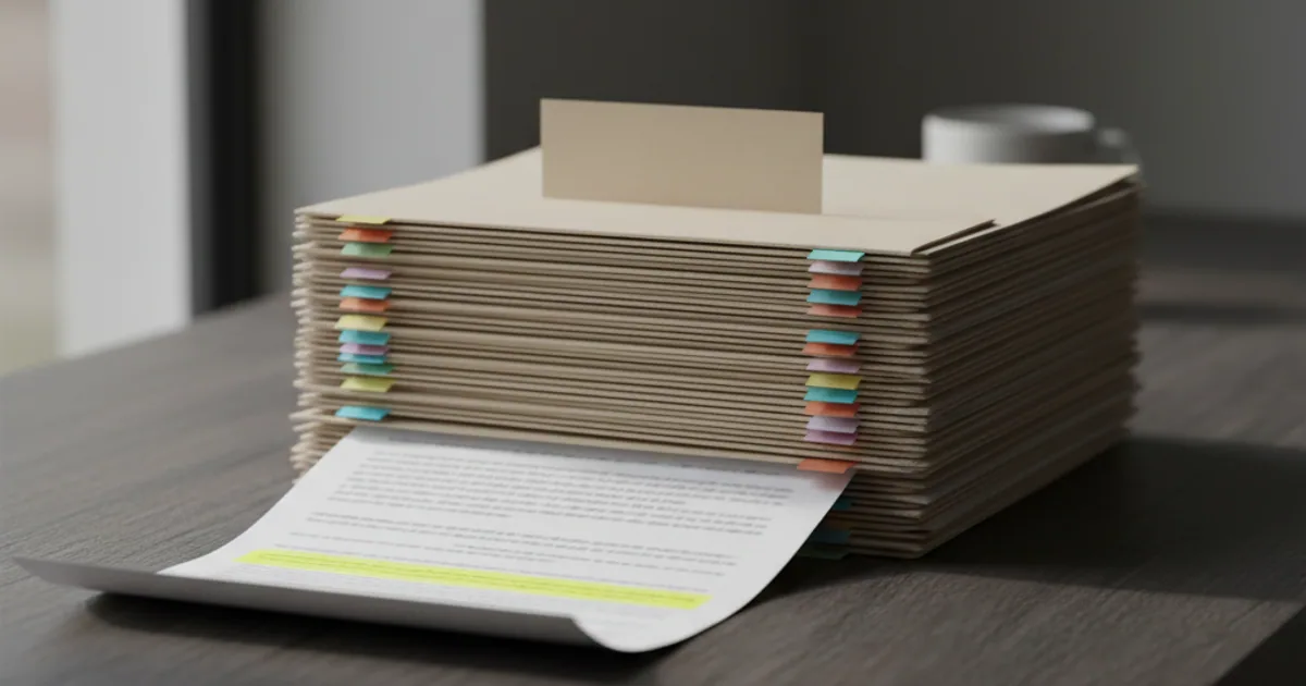 A dark workbench with a stack of indexed documents on one side and a single retrieved chunk pulled into a focused work area