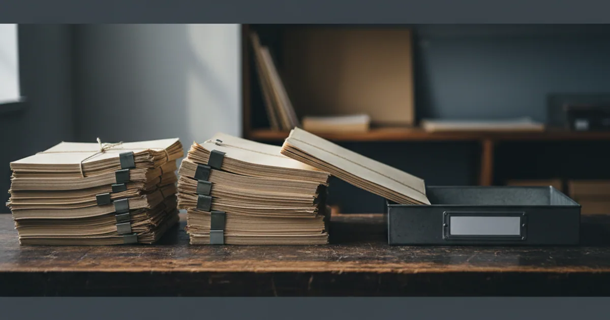 A dark workbench with sorted documents being placed into labeled slots in a tray