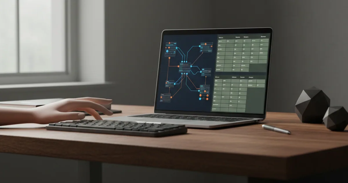 A laptop on a dark workbench displaying a schema layout beside a clean structured output
