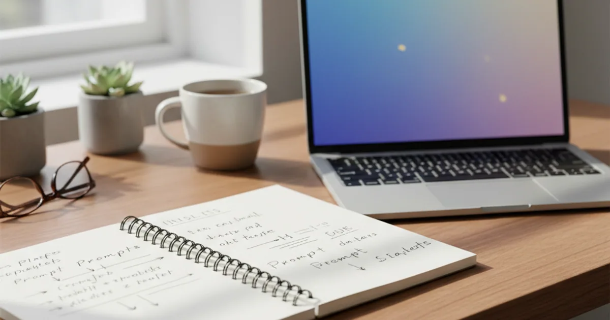 A tidy home workbench with a notebook of handwritten prompt drafts next to an open laptop