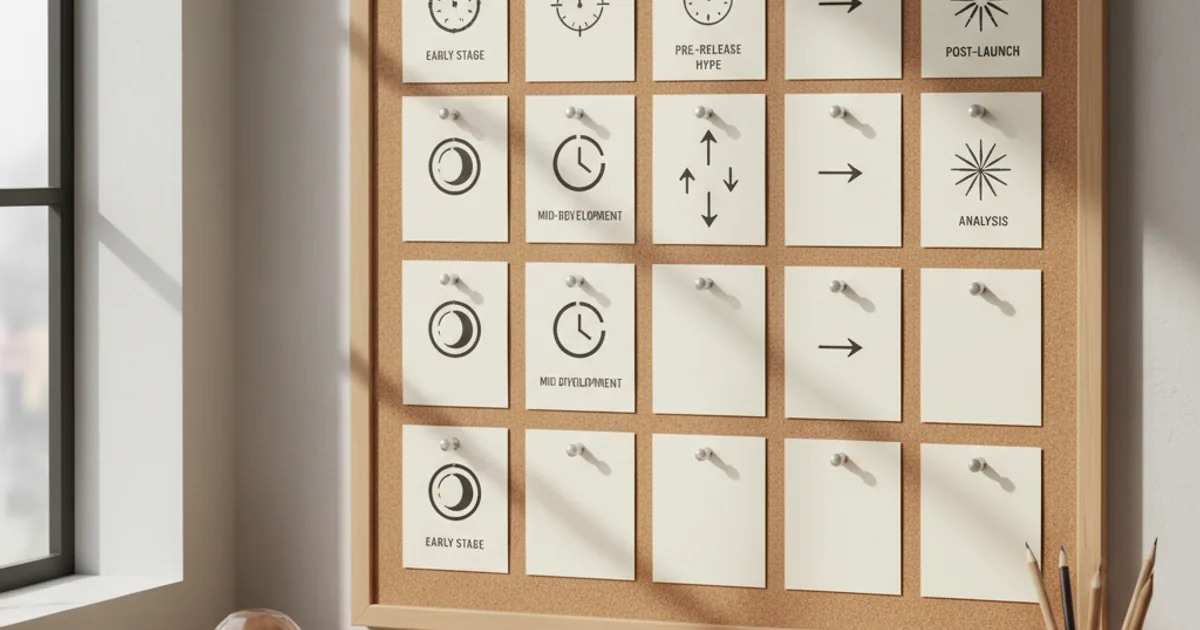 A pinboard above a dark workbench tracking dated model release rumors