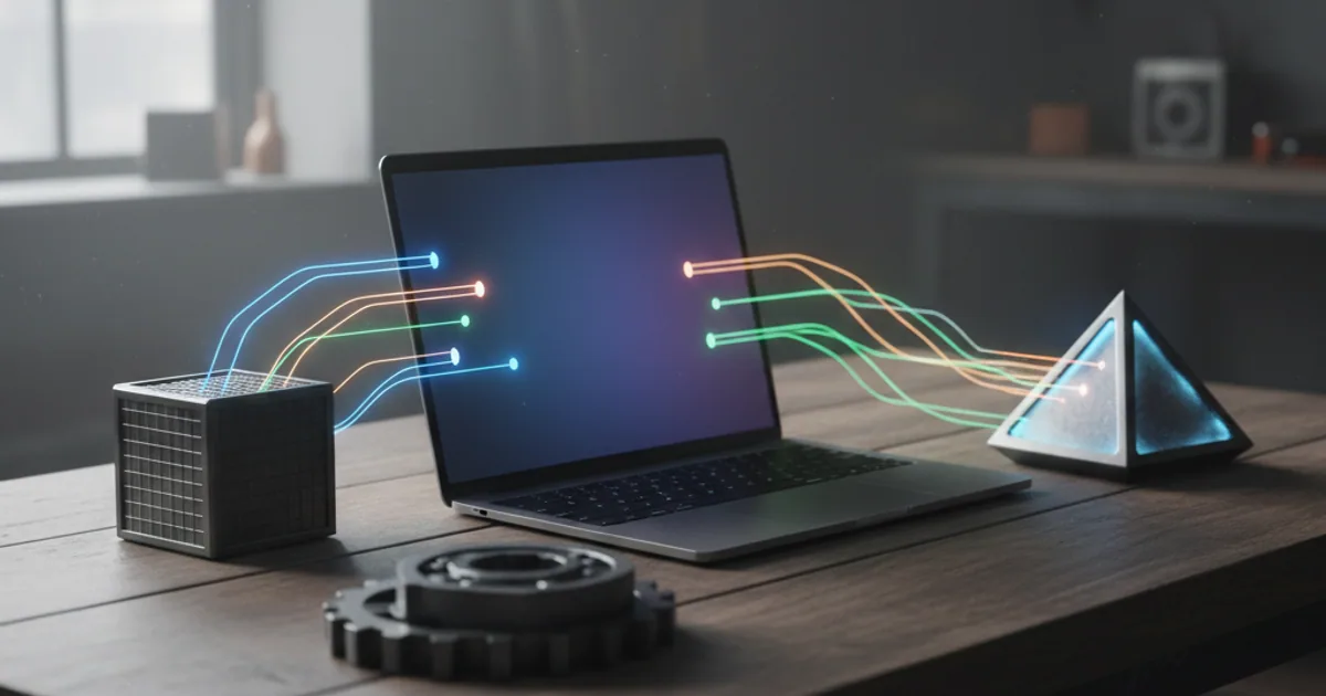 A laptop on a dark workbench connected to tool blocks, one block set apart from the others