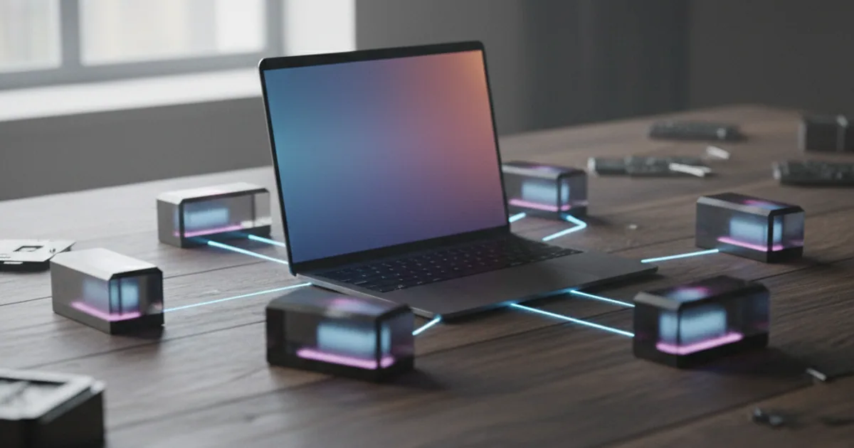 A tidy dark workbench with a laptop and neatly arranged tool blocks connected by soft lines