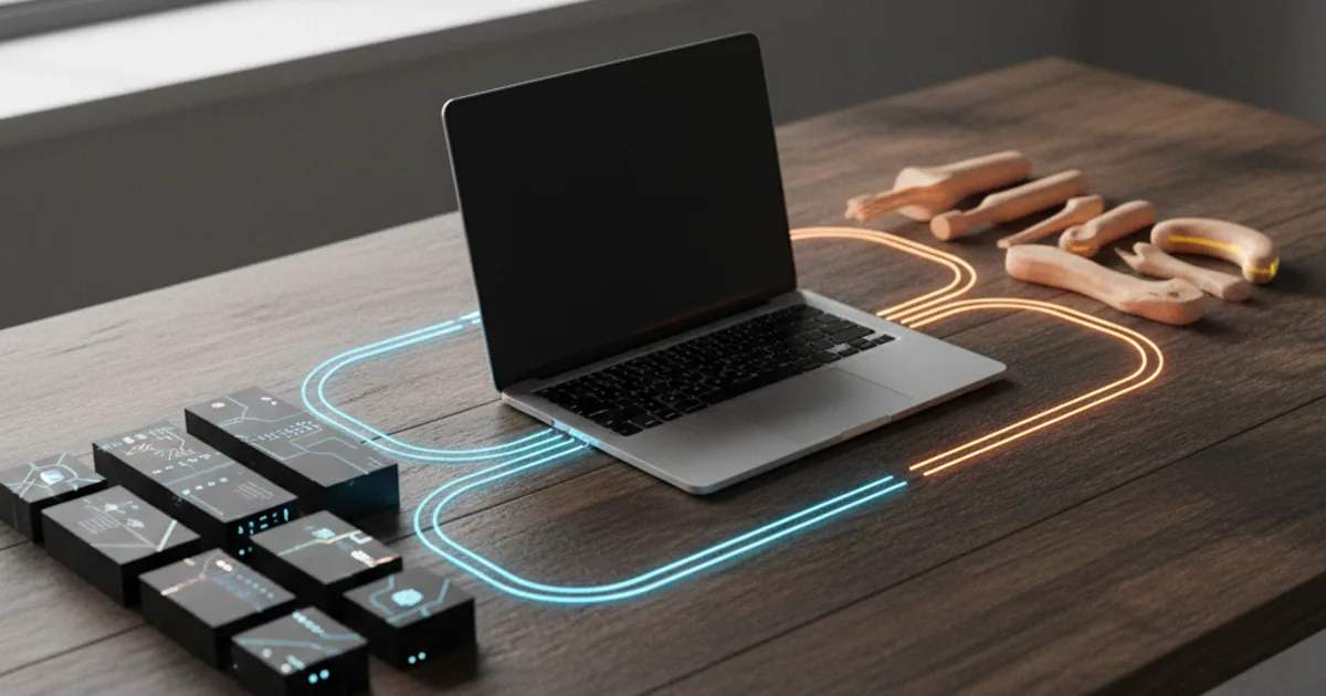 A laptop on a dark workbench with glowing lines running to tool blocks, suggesting two layers of connection