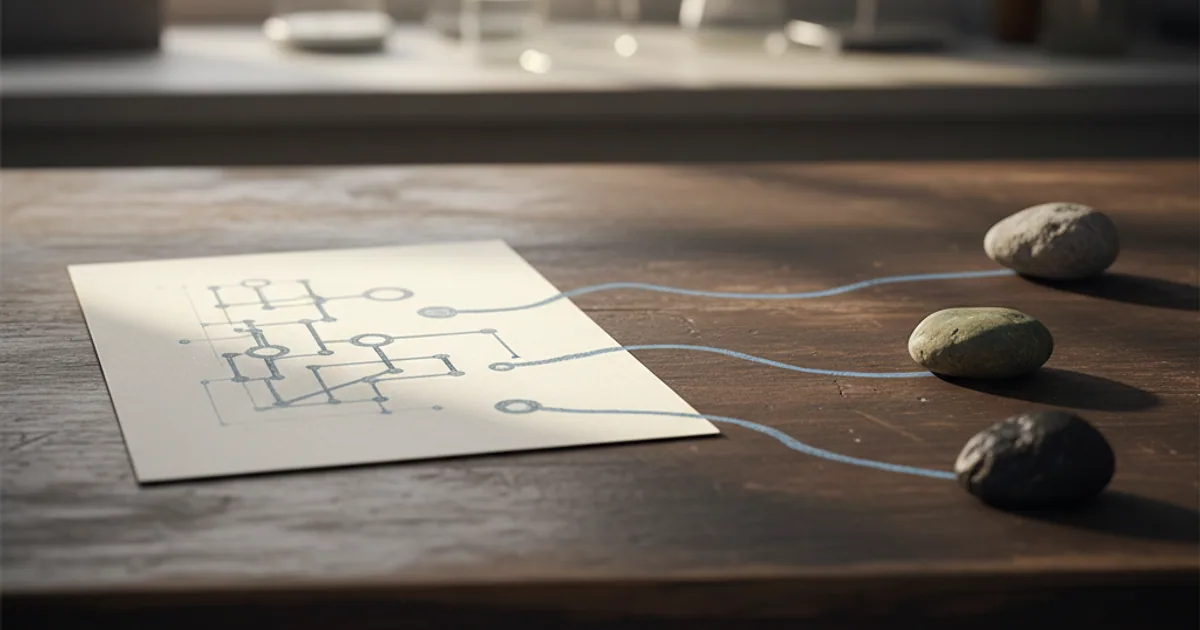 A dark workbench with a small dashboard showing arrows from several AI assistant logos converging on a single page