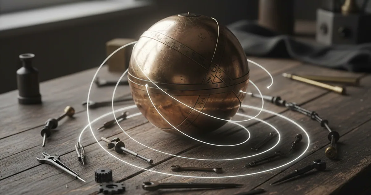 A dark workbench with smaller tools being drawn into a central instrument by chalk-drawn gravitational lines