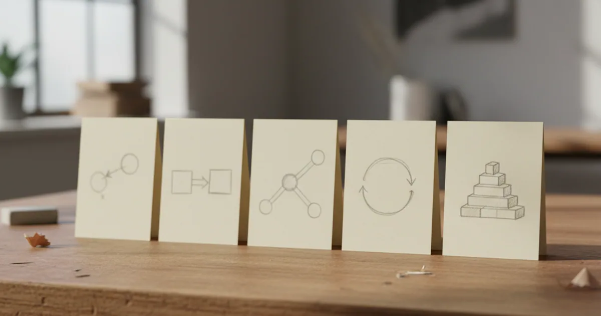Index cards on a dark workbench arranged in a sequence with arrows linking them