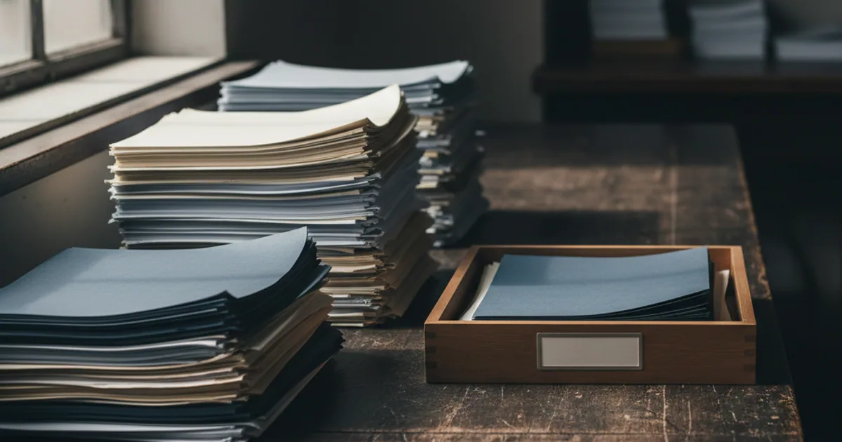 A dark workbench split between a single notecard on the left and a curated stack of documents on the right