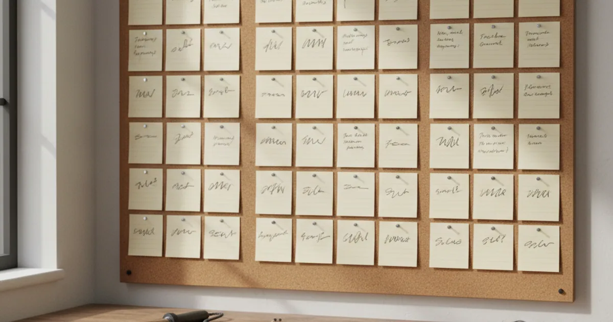 A dark workbench with one tagged document among a stack of unmarked copies