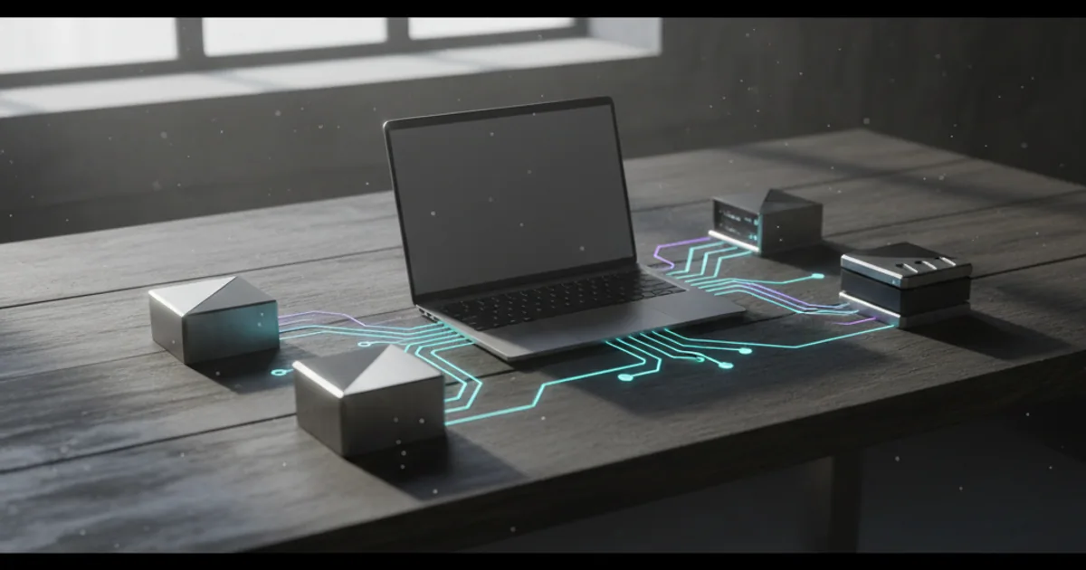 A dark workbench with a laptop linked by glowing lines to a row of distinct tool blocks
