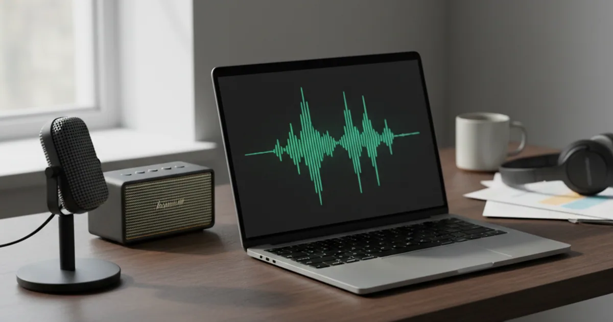 A dark workbench with a small speaker, a microphone, and a laptop showing a TTS waveform being rendered