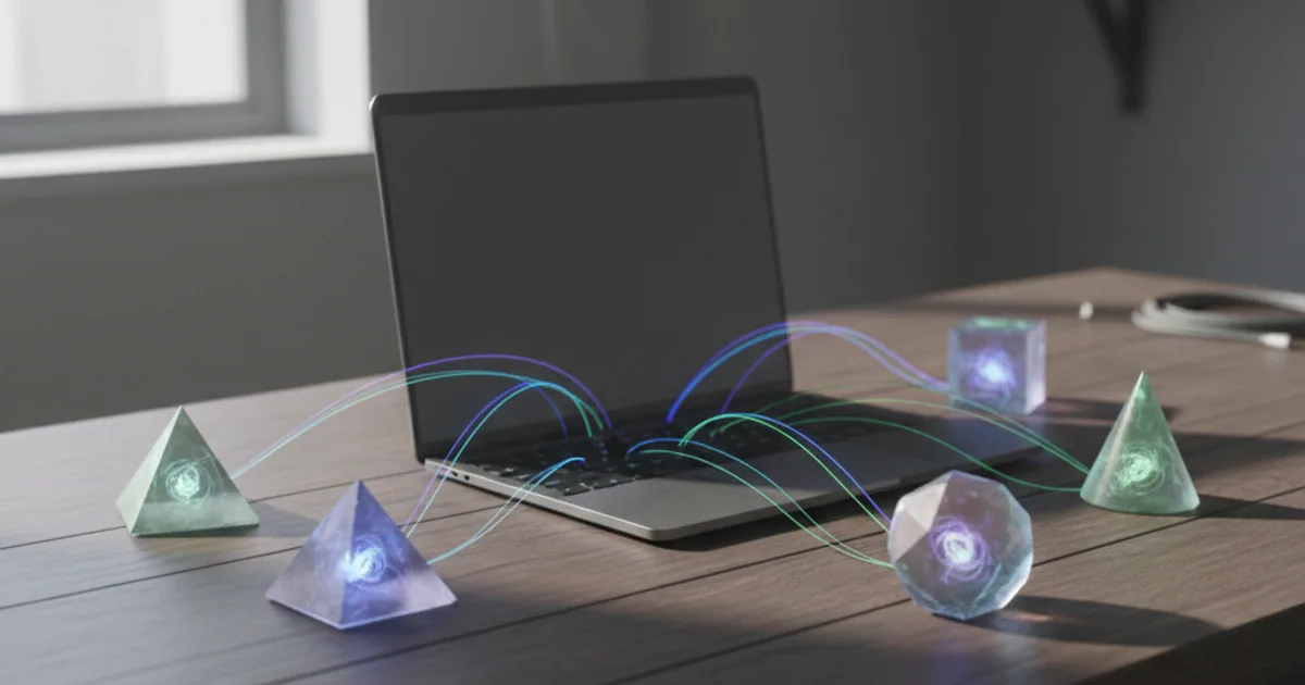 A laptop on a dark workbench connected by glowing lines to several small tool blocks arranged around it