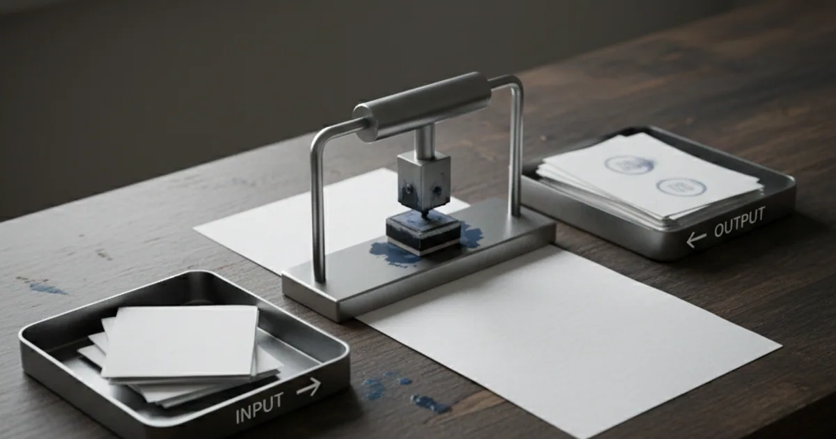 A dark workbench with a sealed envelope being opened and a small slip of paper with rewritten instructions falling out