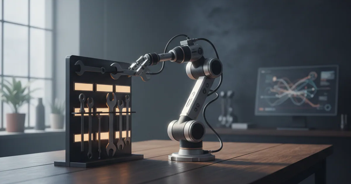 A dark workbench with one simple tool selected over a complex robotic arm