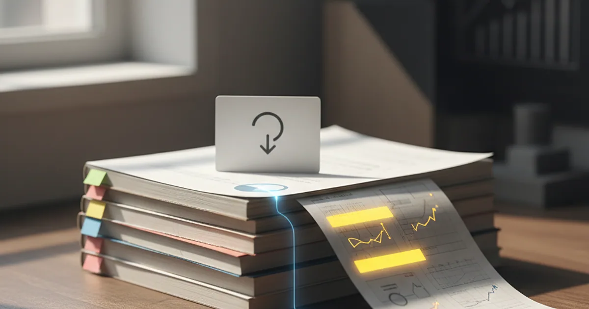 A dark workbench with one small folder on the left and a huge stack of documents on the right, with arrows showing different cost paths