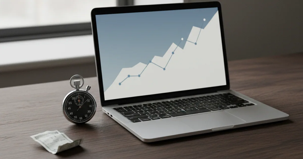 A dark workbench with a printed invoice, a stopwatch, and a laptop showing a stacked-area chart of token spend