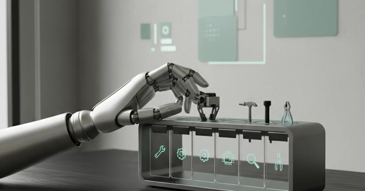 A dark workbench with a robotic hand selecting tools from a labeled rack