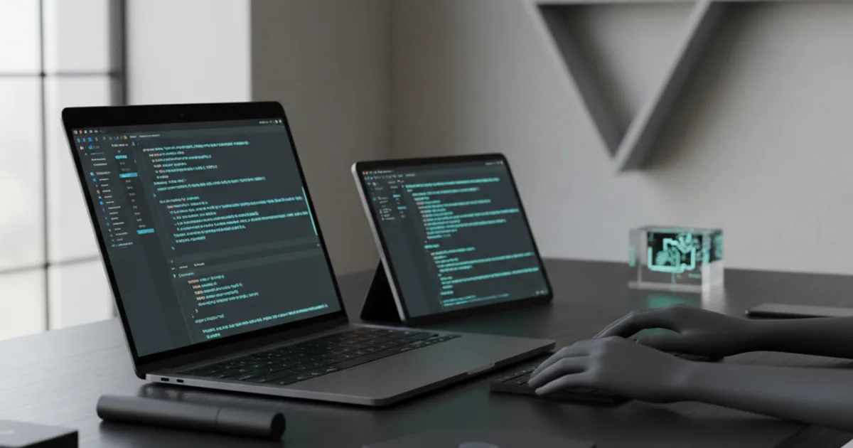 A dark workbench with a laptop open to a code editor and a CLI in a small terminal beside it