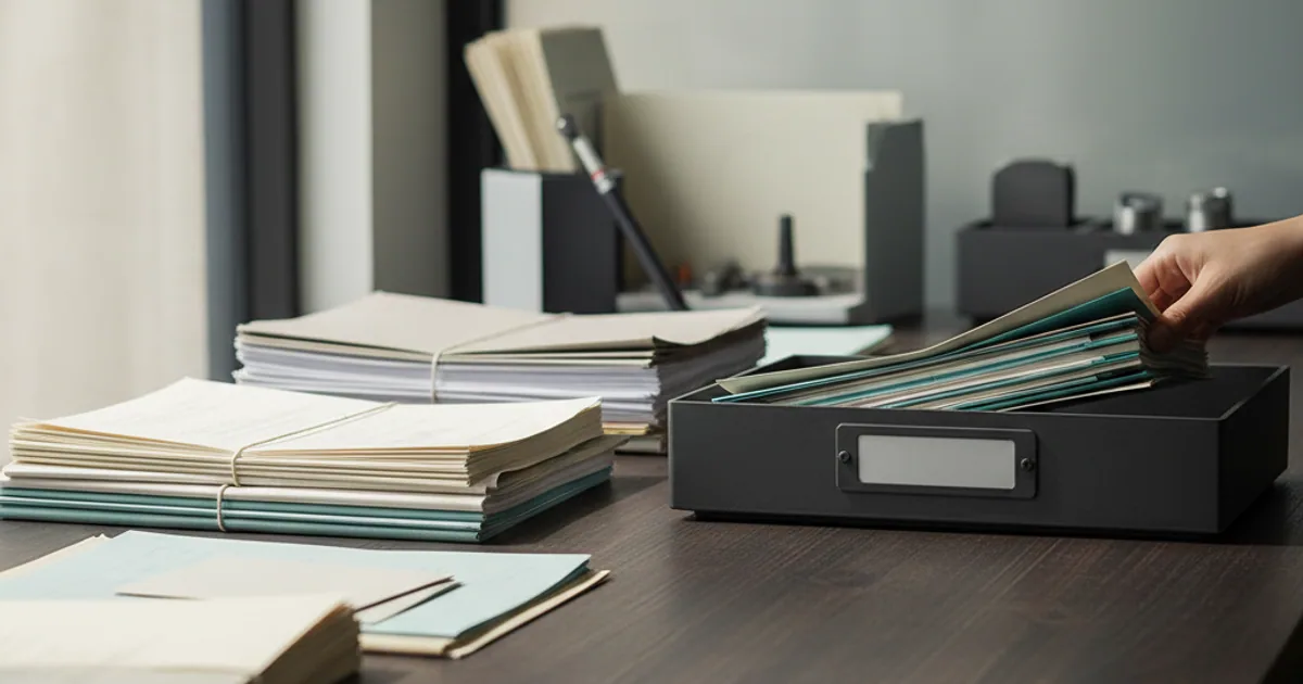 A dark workbench with sorted document stacks, only a small selected pile sliding into a labeled tray
