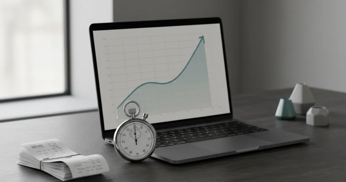 A dark workbench with a small stack of receipts, a stopwatch, and a laptop showing a tidy line chart