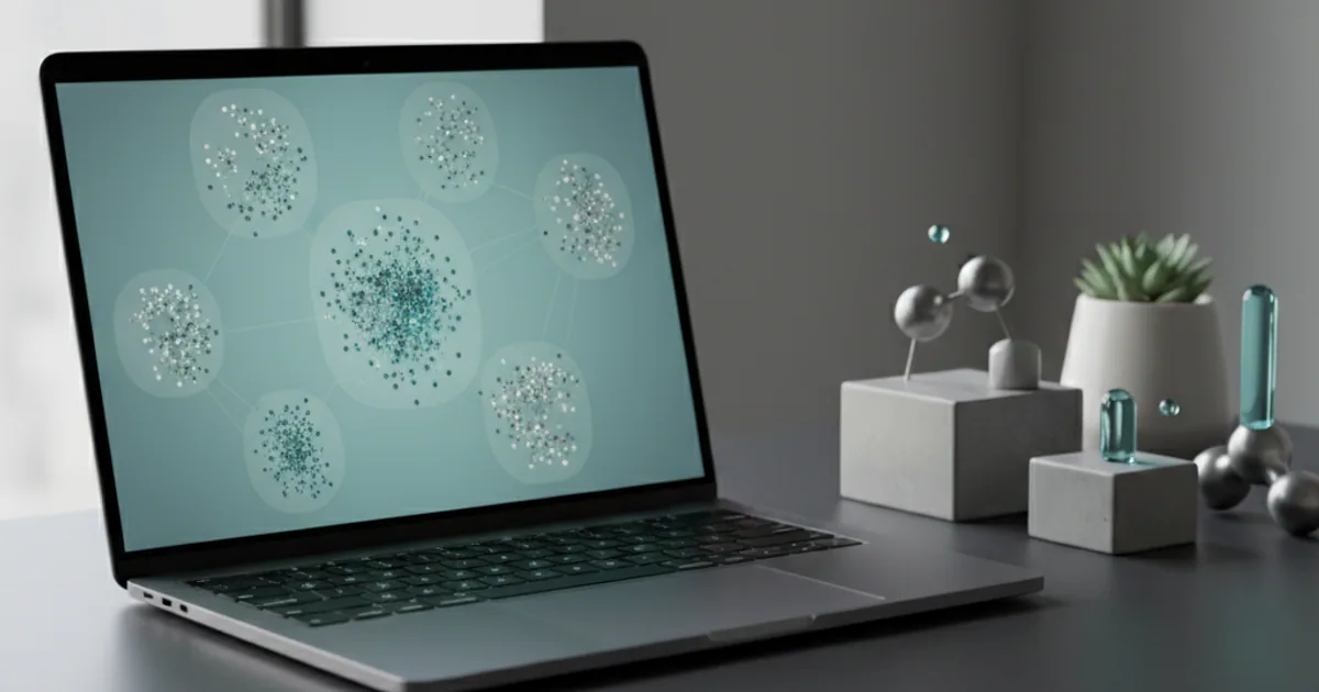 A dark workbench with a laptop showing a scatter of points clustered in space, like a 2D projection of a vector space