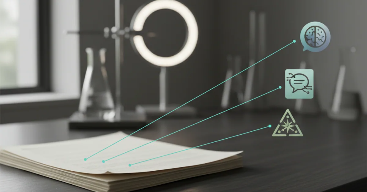 A dark workbench with a tidy stack of pages and three labeled lines extending from one of them toward different AI assistant icons