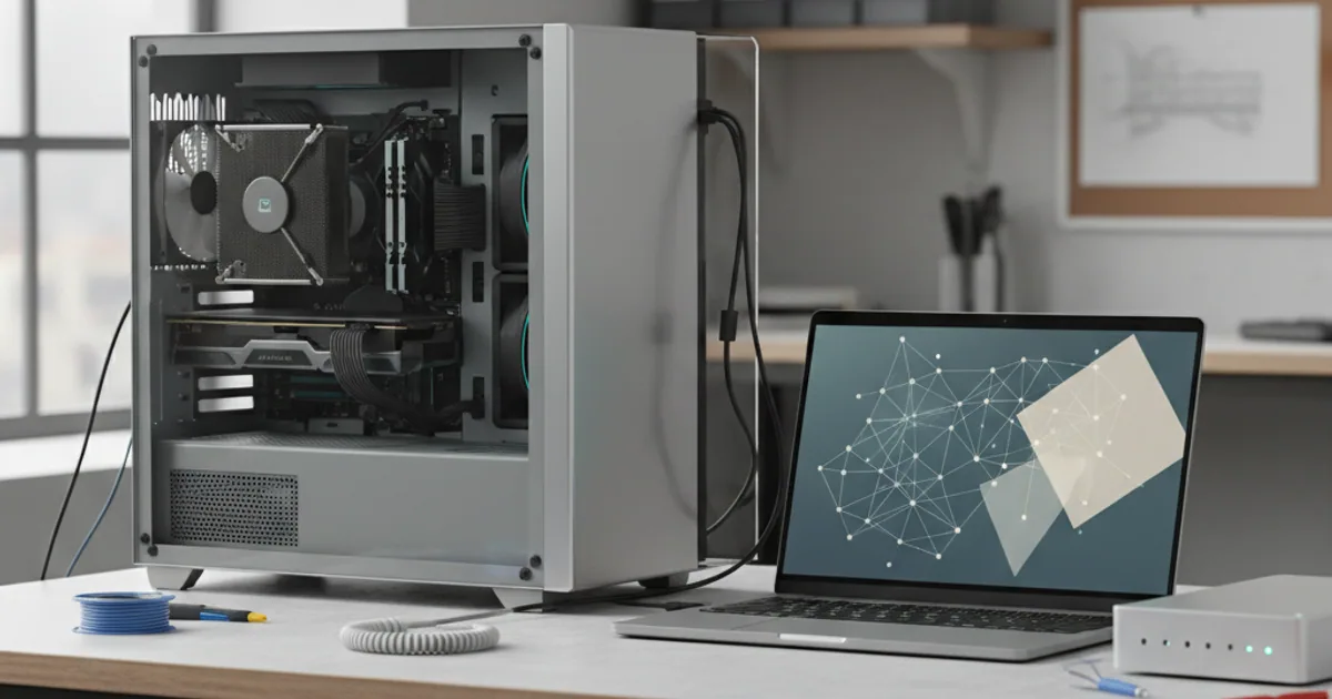 A desktop PC and laptop on a workbench, running a local model with quiet fans