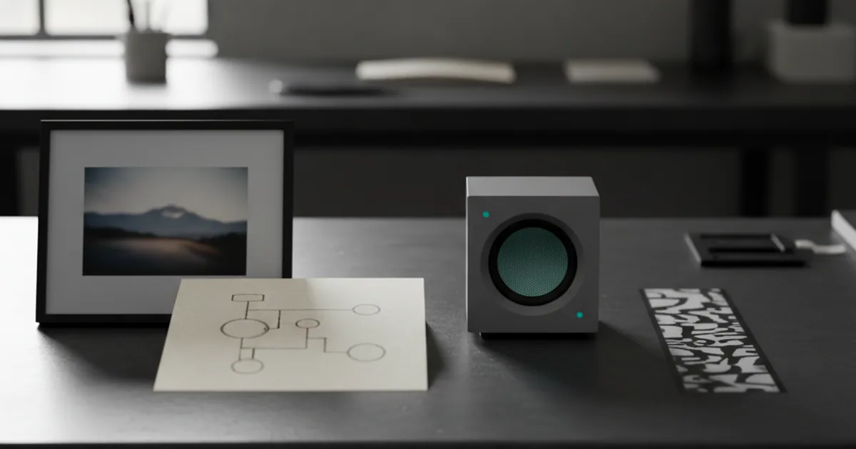 A dark workbench with a photograph, a document, a small speaker, and a film strip laid out side by side
