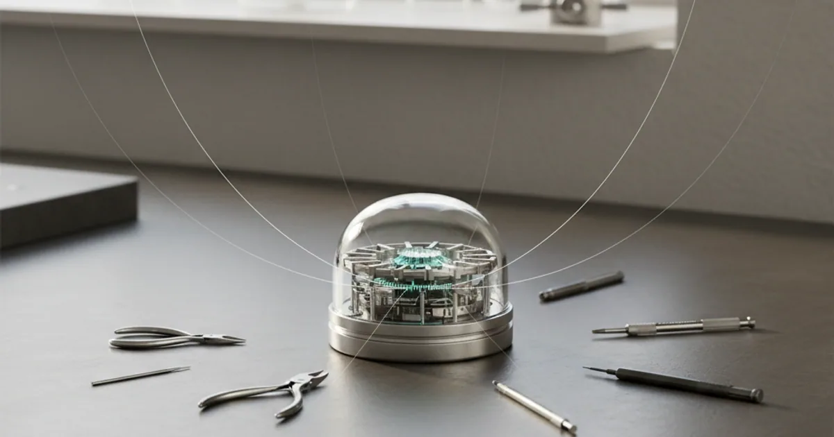 A dark workbench with a few small tools being pulled into a larger central instrument by gentle gravitational lines
