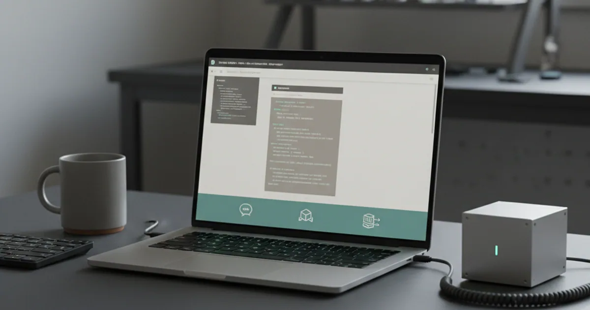 A dark workbench with a laptop showing an autonomous agent terminal session running, with small icons for chat platforms and a container runtime