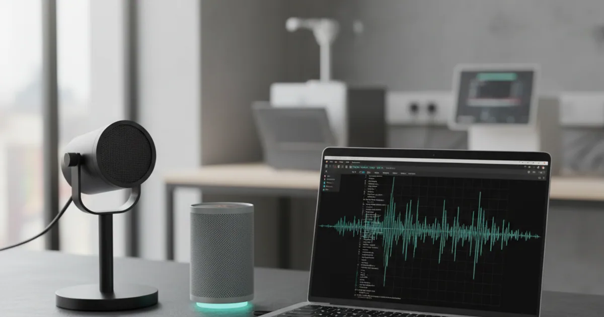 A dark workbench with a desk microphone, a small speaker, and a laptop showing an audio waveform visualization in a terminal